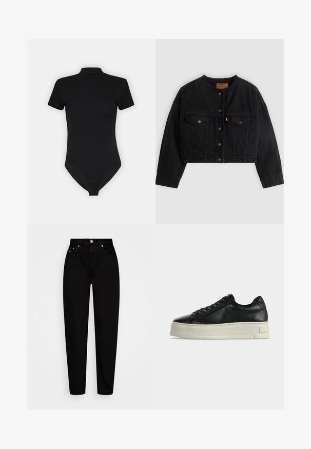 Sort cropped denimjakke med frontknapper, to brystlommer og blødt fleecefor synligt ved kraven og forkanterne.; Sort bodysuit med høj hals, korte ærmer og tætsiddende design. Lavet af et glat, strækbart stof med en sømløs bund.; Højtaljede sorte straight-leg jeans med frontknap, fem lommer og bæltestropper, præsenteret på en hvid baggrund.; Sort læderlavtop sneaker med tyk hvid platformsål og sorte snørebånd på en ensfarvet lys baggrund.