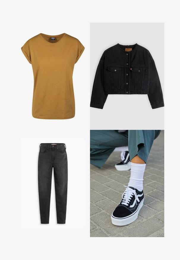 Veste courte en denim noir avec boutons pression à l'avant, deux poches poitrine et une doublure polaire douce visible au col et aux bords avant.; T-shirt à manches courtes jaune moutarde avec un col rond, fabriqué en coton doux, avec des poignets roulés et une coupe décontractée.; Jean slim taille haute noir avec poches avant et arrière, fermeture à bouton et passants de ceinture, présentés sur un fond blanc.; Baskets en suède noir avec des accents et des lacets blancs, présentant une épaisse semelle blanche et des coutures contrastantes, associées à une chaussette blanche.