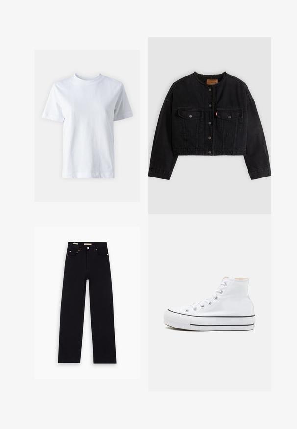 Veste courte en denim noir avec boutons pression à l'avant, deux poches poitrine et une doublure polaire douce visible au col et aux bords avant.; T-shirt en coton blanc avec un col rond, manches courtes, coupe droite et texture lisse. Sans motifs ni embellissements.; Jean en denim noir avec une coupe droite, cinq poches, matériel en cuivre et texture lisse. Deux étiquettes visibles sur la taille.; Baskets montantes blanches en toile, semelle en caoutchouc noir et bande noire contrastante sur la semelle intermédiaire. Bout rond et design à lacets.