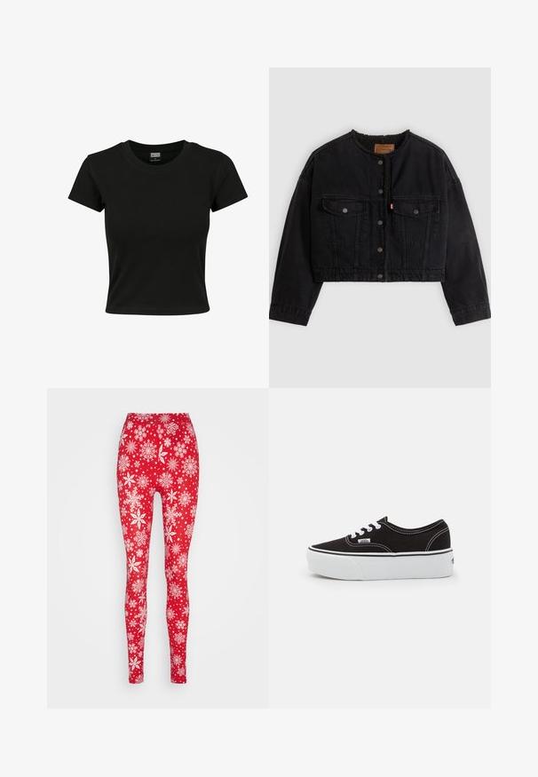 Schwarze kurze Jeansjacke mit vorderen Druckknöpfen, zwei Brusttaschen und weichem Fleecefutter, das am Kragen und an den vorderen Kanten sichtbar ist.; Schwarzes Kurzarm-T-Shirt aus glattem Baumwollmaterial mit rundem Halsausschnitt und taillierter Form. Keine sichtbaren Muster oder Akzente.; ONLY ONLXMAS ELFI - Leggings - Hosen - urban red; Schwarze Leinensneaker mit einer weißen Gummiplattformsohle, weißen Schnürsenkeln und Nähten, ikonischer Markenaufdruck an der Seite, im Low-Top-Design.