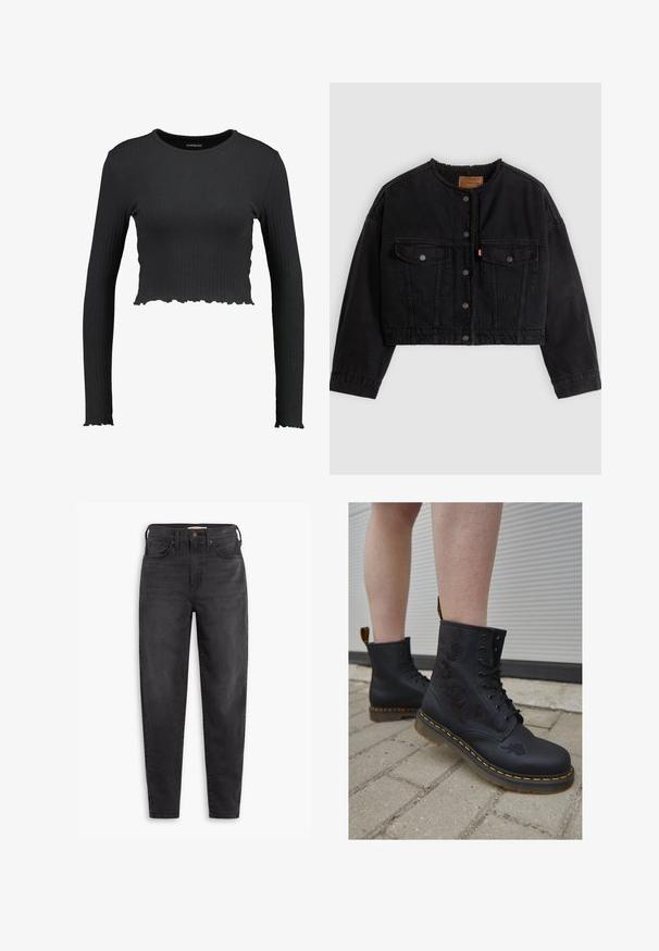 Chaqueta corta de mezclilla negra con botones a presión en la parte frontal, dos bolsillos en el pecho y forro suave de forro polar visible en el cuello y los bordes delanteros.; Top corto de manga larga negro con cuello redondo y dobladillo ondulado. Fabricado con un material elástico para un ajuste ceñido.; Jeans ajustados de talle alto y color negro, con bolsillos delanteros y traseros, cierre de botón y pasadores para cinturón, exhibidos sobre un fondo blanco.; Botas de cuero negro con bordado floral, diseño con cordones, costura naranja y suela gruesa y transparente sobre una superficie texturizada.