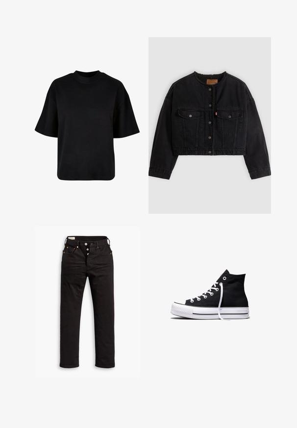 Schwarze kurze Jeansjacke mit vorderen Druckknöpfen, zwei Brusttaschen und weichem Fleecefutter, das am Kragen und an den vorderen Kanten sichtbar ist.; Schwarzes Baumwoll-T-Shirt mit hohem Kragen, kurzen Ärmeln und einem lockeren, kastigen Schnitt ohne sichtbare Muster oder Akzente.; Schwarze Straight-Leg-Jeans mit Knopfverschluss, Vorder- und Gesäßtaschen sowie Kupfennieten auf einem weißen Hintergrund.; Schwarzer High-Top-Canvas-Sneaker mit weißer Gummisohle und weißen Schnürsenkeln, seitlich dargestellt vor weißem Hintergrund.