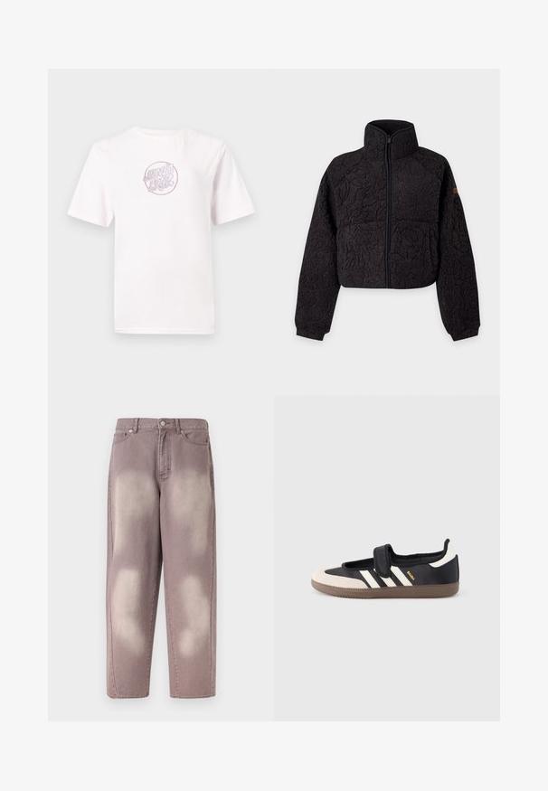 Sort tekstureret fleecejakke med fuld frontlynlås, lange ærmer og høj krave vist på hvid baggrund.; Hvid bomulds t-shirt med korte ærmer, der har et cirkulært pink broderet logo med stiliseret tekst i midten.; Lilla falmet denimjeans med høj talje, knaplukning og to forlommer, vist på en ensfarvet baggrund.; Sort og beige sko med velcrolukning, tre hvide striber på siden og en tekstureret brun gummisål. Mærkelogo er synligt.