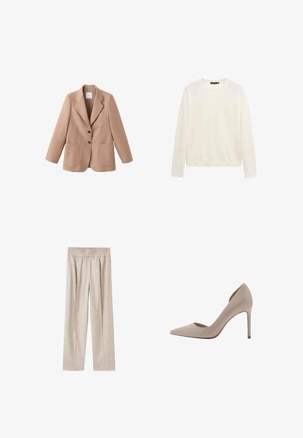 Beige blazer van gestructureerde stof, met een notch-kraag, twee voorzakken en twee knopen. Getailleerde pasvorm met lange mouwen.; Witte trui met lange mouwen en ronde hals, voorzien van geribbelde manchetten en zoom, afgebeeld tegen een effen witte achtergrond.; Lichtbeige wijde broek gemaakt van textuurstof met subtiele verticale strepen, voorzien van een elastische tailleband voor comfort.; Beige lakleren high-heeled pumps met een spitse neus, ondiepe uitsnijdingen aan de zijkanten en een slanke hak. Gladde textuur met een glanzende afwerking.