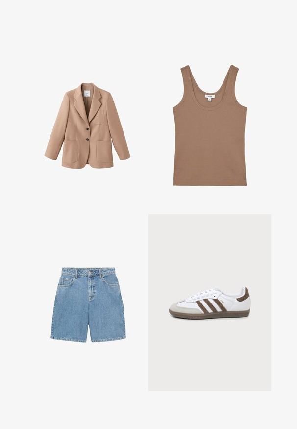 Beige blazer van gestructureerde stof, met een notch-kraag, twee voorzakken en twee knopen. Getailleerde pasvorm met lange mouwen.; Mouwloze bruine geribde tanktop met ronde hals, klein wit label binnenin de kraag met de tekst "REISS" in maat S.; Lichtblauwe denim shorts met een hoge taille, vier zakken en zichtbare stiksels. Gemaakt van gestructureerde denimstof.; Witte en bruine Adidas Samba sneaker met drie bruine strepen, veters en een textuurs van boven- tot zool, getoond vanaf de zijkant op een effen achtergrond.