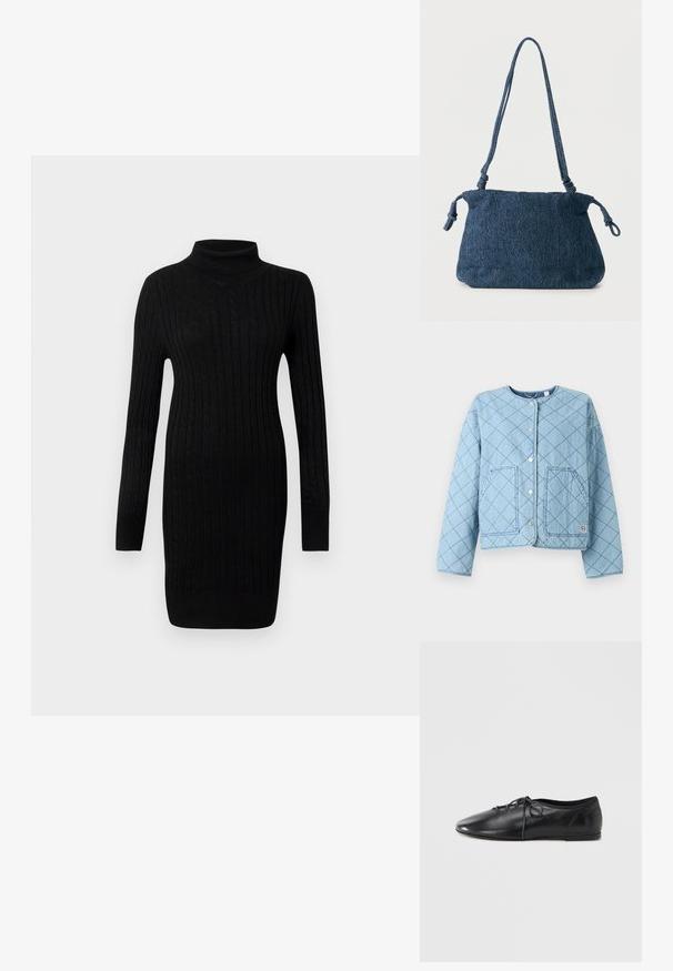 Veste en jean matelassée bleu clair avec un col arrondi, des fermetures à pression à l'avant et deux grandes poches plaquées. Présente un motif en losanges.; Robe pull noire en maille torsadée à col roulé à manches longues avec des poignets et un ourlet côtelés sur fond blanc.; Chaussure plate en cuir noir avec un bout pointu, dotée d'un laçage à l'avant et d'une texture douce. Design discret, détails matériels minimaux.; Sac d'épaule en denim bleu foncé avec extrémités de sangle nouées et forme rectangulaire simple sur fond blanc.