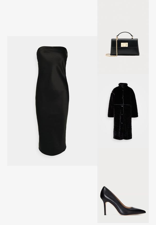 Sort fleecejakke med høj krave, der har en knaplukning foran, løs pasform og struktureret overflade. Øverste del har kontrasterende syninger.; Gina Tricot TUBE MIDI DRESS - Cocktailkjole / festkjole - black; Sorte læder højhælede pumper med spids tå og en slank stiletto hæl. Den glatte tekstur og de minimale detaljer skaber et klassisk design.; Sort læderhåndtaske med struktureret form, udstyret med en øverste hank og en guldtonet kæderem. Dekorative guldhardware med logodetalje.