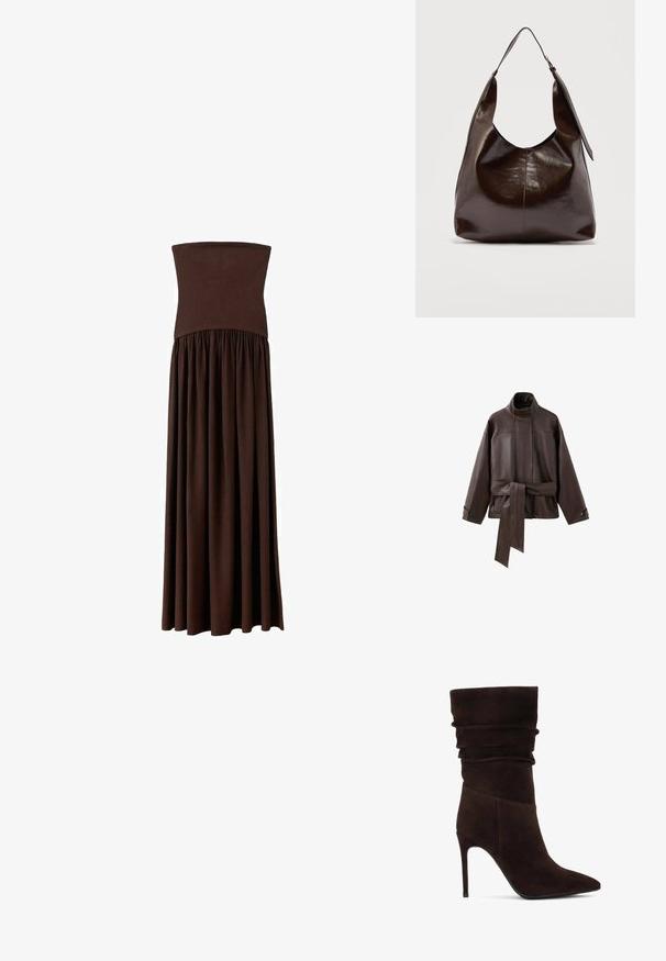 Donkerbruine leren jas met hoge kraag, lange mouwen, knoopmanchetten en een brede riem die in de taille is gestrikt.; Bruine strapless maxi-jurk met een aansluitend lijfje en een vloeiende rok van zachte stof, voorzien van een elastische band in de taille voor extra comfort.; Bruine suède enkellaars met een slouchy bovenkant, puntige neus en hoge stiletto-hak. Heeft een gestructureerd oppervlak en een soepele silhouet.; Donkerbruine glanzende leren schoudertas met een enkele brede riem en gespsdetail aan één kant, tegen een effen lichte achtergrond.