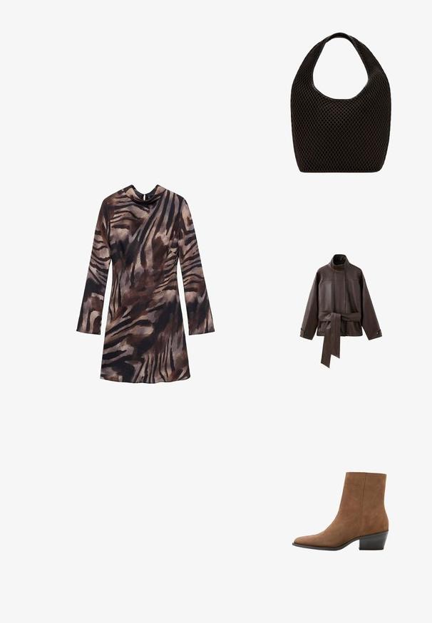 Mørkebrun læderjakke med høj krave, lange ærmer, knaplukning ved manchetterne og bredt bælte bundet i taljen.; Langærmet kjole i brun og sort tigerstribemønster, med cowl neck-design og en tætsiddende silhuet. Blød tekstur og flydende materiale.; Brun ruskind ankelstøvle med lav stablet hæl og spids tå, vist fra siden på en hvid baggrund.; Sort åbenvævet mesh-tote med rundet topgreb og bredt, buet kropsdesign.