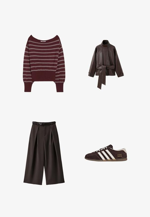 Veste en cuir marron foncé avec col montant, manches longues, poignets boutonnés et large ceinture nouée à la taille.; Pull bordeaux à manches longues avec un large col et de fines rayures blanches horizontales sur le corps et les manches.; Pantalon large marron foncé coupé court avec plis et ceinture assortie sur fond uni.; Baskets en suède marron avec trois bandes blanches, semelle en caoutchouc, et étiquette avec le texte "Gazelle" en or. Fermeture à lacets avec lacets gris.