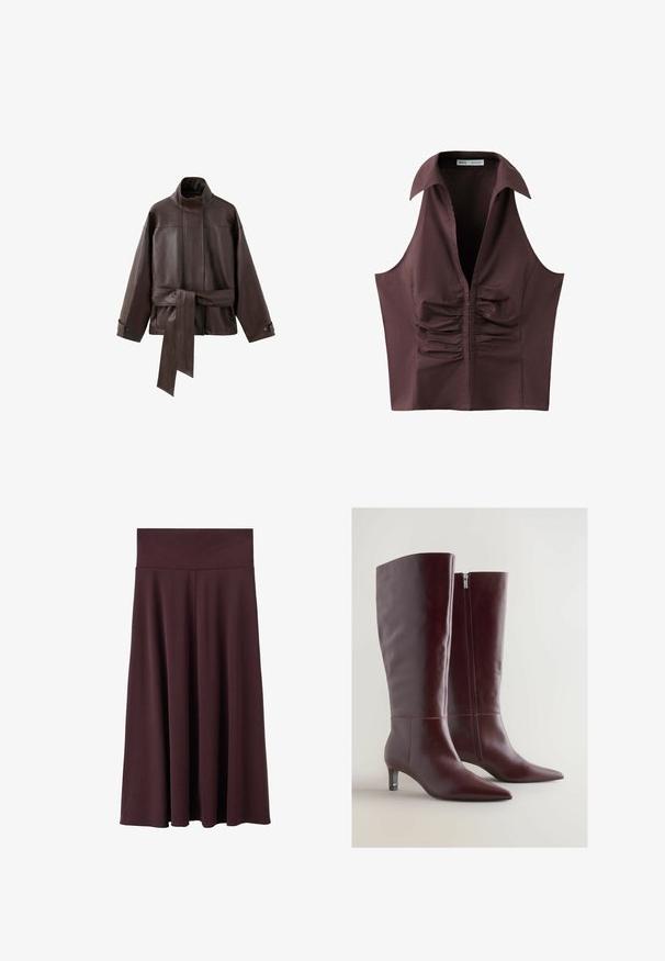 Donkerbruine leren jas met hoge kraag, lange mouwen, knoopmanchetten en een brede riem die in de taille is gestrikt.; Mouwloze donkerbruine blouse met diepe V-hals, brede kraag en geplooid gerimpeld detail aan de voorkant in het midden.; Marsala midi-rok gemaakt van zachte stof met een brede, elastische tailleband. Heeft een vloeiend ontwerp dat licht taps toeloopt naar de zoom.; Bordeaux leren laarzen tot aan de knie met een taps toelopende neus, decoratieve stiksels en een zijrits. Voorzien van een lage, slanke hak.