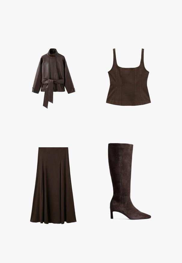 Dunkelbraune Lederjacke mit hohem Kragen, langen Ärmeln, geknöpften Manschetten und einem breiten Gürtel, der in der Taille gebunden ist.; Brauner, ärmelloser Top mit quadratischem Halsausschnitt, enganliegendem Design, Nahtdetails und einem strukturierten Stoff. Keine zusätzlichen Verzierungen.; Brauner, bodenlanger Rock aus weichem, glattem Stoff. Verfügt über dezente Falten, ein einfaches Design und einen elastischen Bund für zusätzlichen Komfort.; Braune Wildlederkniehohe Stiefel mit spitzer Zehe und 7,5 cm hohem Absatz. Glatte Textur, elegante Silhouette und minimalistisches Design.
