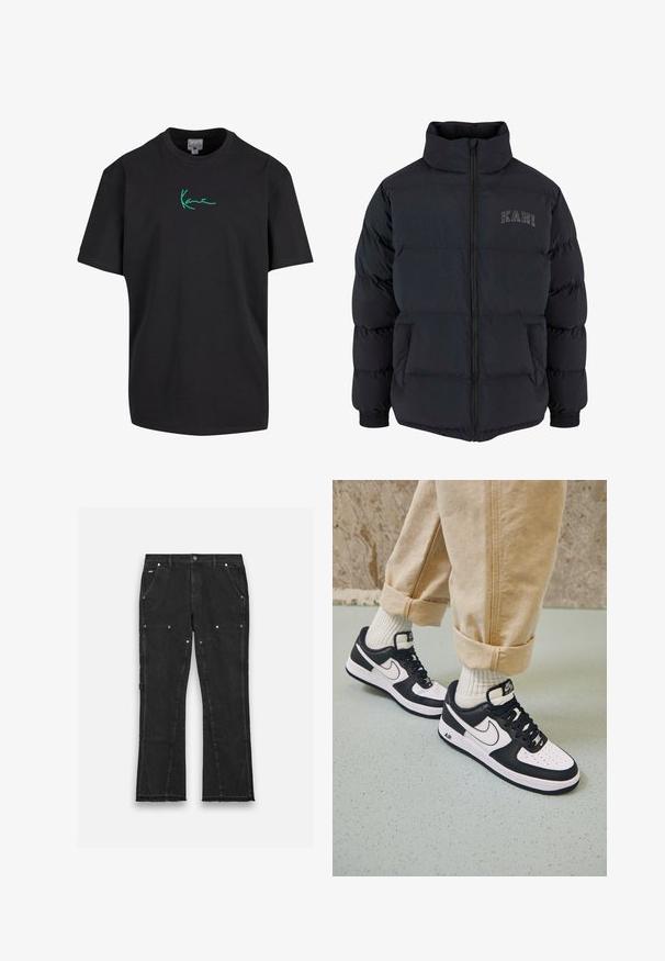 Schwarze Pufferjacke mit hohem Kragen, Reißverschluss vorn und elastischen Bündchen. Verfügt über ein gestepptes Design und das "KANI"-Logo auf der Brust in Grau.; Schwarzes Baumwoll-T-Shirt mit kurzen Ärmeln und Rundhalsausschnitt. Auf der Vorderseite mit grünem "Kanye"-Unterschrift-Graphic gestaltet. Schlichter Rücken und lockere Passform.; Schwarze Denim-Hosen mit geradem Bein, ausgestattet mit zwei vorderen Taschen, Metallbeschlägen und einem rohen Saumdetail am unteren Ende.; Schwarz-weiße Nike Air Force 1 Sneaker mit einem Obermaterial aus Leder, perforierter Zehenpartie und strukturiertem Sohlendesign, getragen mit aufgerollten beigen Hosen und weißen Socken.