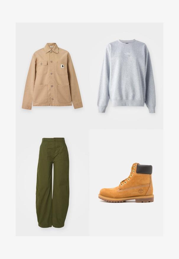 Béžová zapínacia bunda so štyrmi prednými vreckami, jedno vrecko má čierno-bielu nášivku s logom Carhartt.; Šedá mikina s dlhými rukávmi, okrúhlym výstrihom, rebrovanými manžetami a lemom. Obsahuje malé biele logo na hrudi. Materiál z bavlnenej zmesi.; Olive zelené cargo nohavice z bavlny, s voľným strihom, prednými vreckami a zapínaním na gombík v páse.; Hnedé kožené členkové topánky s čiernym polstrovaním, zlatými očkami a štruktúrovanou podrážkou. Obsahujú kruhové logo na boku a akcenty v podobe šitia.
