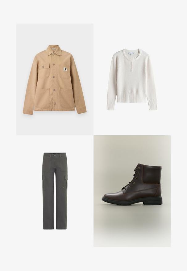 Beige skjortejakke med fire lommer foran, hvoraf den ene lomme har et sort-hvidt Carhartt logo-patch.; Langærmet cremefarvet ribstrikket sweater med rund hals og fem små knapper på frontstolpen.; Cargo bukser i mørkegrå bomuld med lige skæring. Har to sidelommer og en polyesterknaplukning. Holdbart stof med let struktur.; Mørkebrun læder snørestøvle med sort sål og lav hæl vist fra ydersiden på en neutral baggrund.