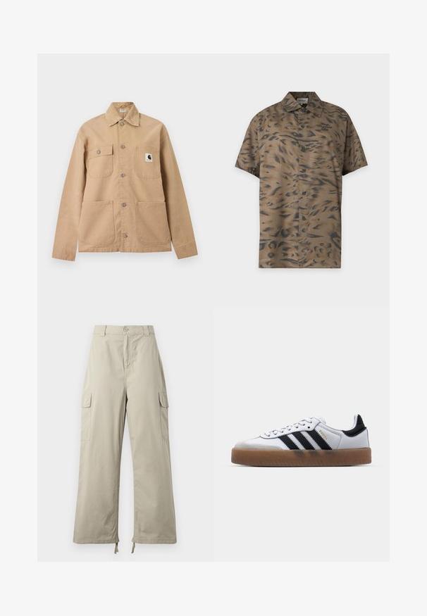 Beige skjortejakke med fire lommer foran, hvoraf den ene lomme har et sort-hvidt Carhartt logo-patch.; Brun kortærmet skjorte med knapper med sort abstrakt dyreprint og et lille broderet logo på venstre bryst.; Lys beige cargo bukser med en afslappet pasform, der har knaplukning, sidelommer og justerbar kant med snore. Glat stoftekstur.; Hvide lædersneakers med sorte striber, gummirubber sål, rund tå, snørelukning og blød grå ruskinds tåhætte.
