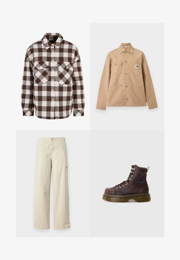 Béžová zapínacia bunda so štyrmi prednými vreckami, jedno vrecko má čierno-bielu nášivku s logom Carhartt.; Hnedá a biela károvaná košeľa s gombíkmi, ktorá má dve náprsné vrecká, klasický golier a gombíkový predný diel. Mäkká textúra látky.; Béžové cargo nohavice vyrobené z mäkkej bavlny, s rovnými nohavicami, predným gombíkom a bočnou kapsou s klopou.; Hnedá kožená členková obuv s textúrovaným povrchom, striebornými očkami a žltým prešívaním. Má masívnu priehľadnú podrážku a pútko na vytiahnutie.