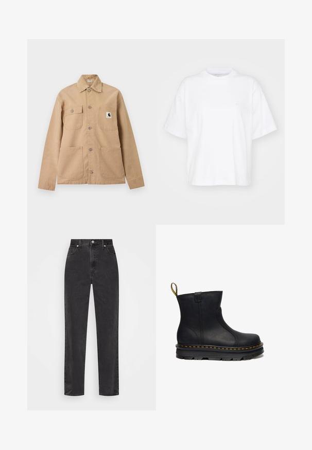 Beige skjortejakke med fire lommer foran, hvoraf den ene lomme har et sort-hvidt Carhartt logo-patch.; Hvid bomulds t-shirt med rund hals, korte ærmer og en afslappet pasform. Har et diskret logo på venstre brystområde. Glat tekstur.; Sorte denim jeans med lige ben, høj talje, foran knap og lynlås, samt fem-lomme stil på en hvid baggrund.; Sort læder ankelstøvle med rund tå, tekstureret finish, gul syning langs sålen og en løkke bagpå.