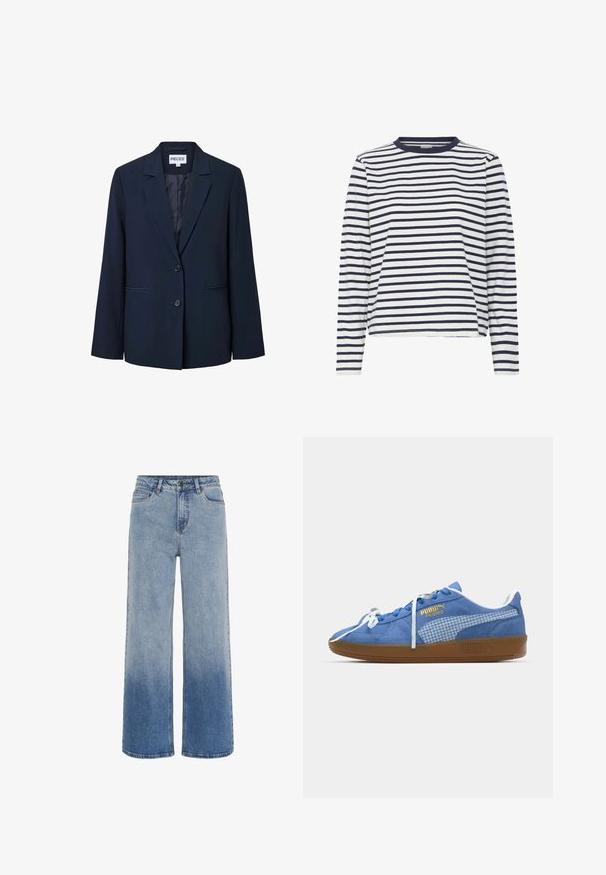 Donker marineblauwe damesblazer met twee voorste knopen, een notch-reverskraag en twee horizontale steekzakken.; Langarm gestreept shirt in wit en marineblauw. Voorzien van een ronde hals, zachte stof en gelijkmatige afstand tussen de horizontale strepen. Eenvoudig ontwerp.; Hoge taille blauwe denim jeans met wijde pijpen en een gradient vervaging van lichtblauw naar donkerblauw aan de onderkant.; Blauwe suède sneaker met witte veters en een geruite zijpaneel. Heeft een bruine rubberen zool en gouden logodetails.