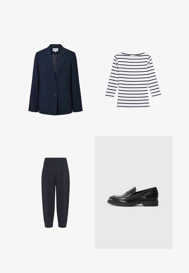 Blazer de mujer azul marino oscuro con dos botones delanteros, solapa con muesca y dos bolsillos horizontales con abertura.; Marks & Spencer STRIPED SLASH NECK - Camiseta de manga larga - white mix; Pantalones tapered en azul marino con cintura elástica, con pliegues centrales, una textura suave y un corte a la altura del tobillo.; Mocasines de piel negra con punta redonda, detalles de costura y un tacón cuadrado bajo. Textura suave sin patrones o acentos visibles.