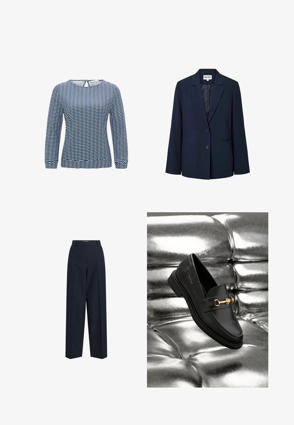 Donker marineblauwe damesblazer met twee voorste knopen, een notch-reverskraag en twee horizontale steekzakken.; Langemouwige top met een geometrisch patroon in blauw en zwart. Gemaakt van lichte stof, met een ronde hals en een sleutelgatdetail op de rug.; Marineblauwe op maat gemaakte broek met rechte pijpen, riemlussen en een enkele knoopsluiting in de taille.; Zwarte leren instapper met een goudkleurig hardware-detail. De schoen heeft een strak ontwerp en een gladde, glanzende textuur.