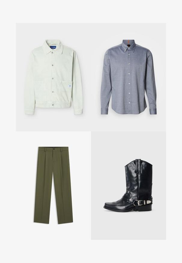 Hellgrüne Denimjacke mit Kragen, vorderer Knopfleiste, zwei Brusttaschen und einem kleinen Markenetikett an der rechten Tasche.; Blau kariertes Hemd zum Zumachen mit Kragen, langen Ärmeln und weißen Knöpfen. Verfügt über eine gewebte Textur und einen orangen Akzent am Kragen.; Olivgrüne Hose mit geradem Bein, Gürtelschlaufen, einem vorderen Knopf und Reißverschluss, flach auf weißem Hintergrund präsentiert.; Schwarze Ledersporenstiefel mit spitzem Zeh, hohem Schaft, dekorativer Stickerei und silberner Schnallenhardware am Riemen. Strukturiertes Finish.