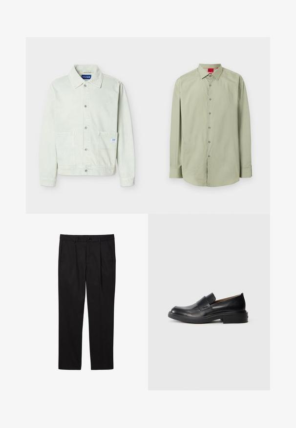 Veste en denim vert clair avec un col, une fermeture à boutons sur le devant, deux poches poitrine et une petite étiquette de marque sur la poche droite.; Chemise à manches longues vert clair avec col pointu et étiquette rouge de marque visible à l'intérieur du col.; Pantalons formels noirs pour hommes avec poches avant, passants pour ceinture, fermeture par bouton et coupe droite.; Chaussure habillée noire en cuir, à enfiler, avec un petit talon et un logo Calvin Klein discret sur le côté, présentée de profil sur un fond blanc.