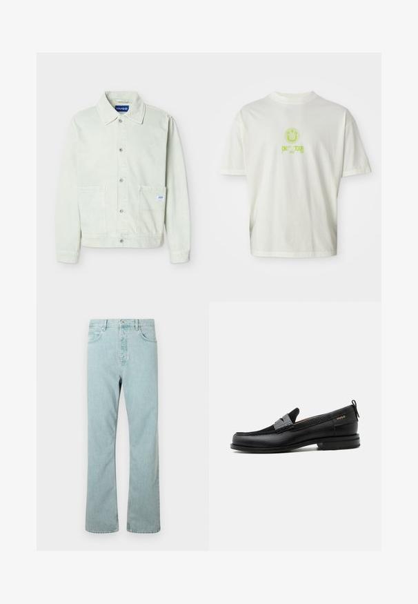 Hellgrüne Denimjacke mit Kragen, vorderer Knopfleiste, zwei Brusttaschen und einem kleinen Markenetikett an der rechten Tasche.; Weißes Baumwoll-T-Shirt mit einem grünen Smiley-Design und dem Text "ON TOUR" und "HGO" in stilisierter Schrift, lockere Passform, kurze Ärmel.; Hellblaue Jeans aus Denim mit geradem Schnitt, fünf Taschen und einem einzigen Knopfverschluss. Abgerundet mit dezenten Steppdetails.; Schwarzer Lederloafer mit grauem Riemendetail, niedrigem Absatz und strukturierter Sohle, seitlich mit „HUGO“ in Gold gebrandmarkt.
