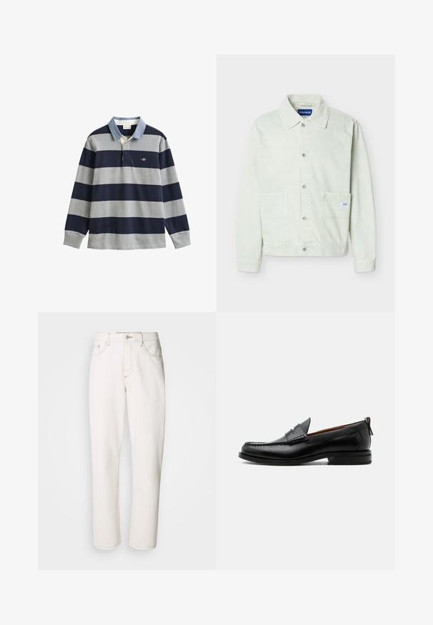 Veste en denim vert clair avec un col, une fermeture à boutons sur le devant, deux poches poitrine et une petite étiquette de marque sur la poche droite.; Maillot de rugby à manches longues avec larges rayures horizontales bleu marine et grises, col bleu clair et petit logo sur la poitrine gauche.; Jean en denim blanc avec une coupe droite, présentant des coutures piquées, un bouton en métal et une construction classique à cinq poches.; Mocassin homme en cuir noir avec couture moc toe, bride penny, col texturé et petit talon empilé sur fond blanc.