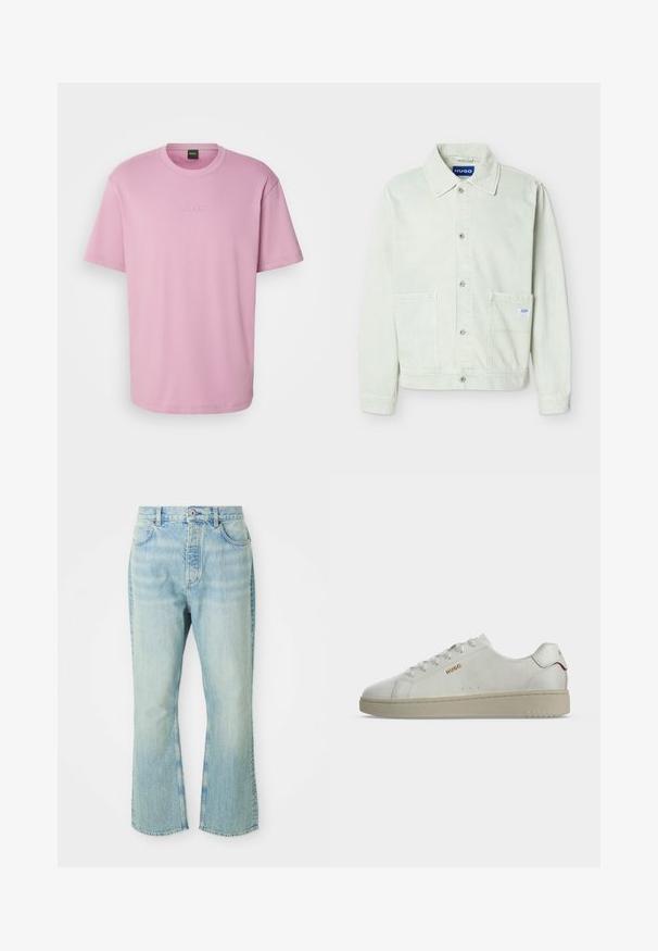 Lysegrøn denimjakke med krave, knaplukning foran, to brystlommer og et lille mærke med logo på den højre lomme.; Lyserød bomulds t-shirt med afslappet pasform, med rund hals og subtilt præget "BOSS" logo på brystet. Korte ærmer og glat tekstur.; Lysblå denim flared jeans med høj talje, der har fem lommer, bæltestropper og en toned vævning.; Hvid lavtop sneaker med beige sål, guld "HUGO" logo på siden og rød accent på hælstrop, vist i sideprofil.