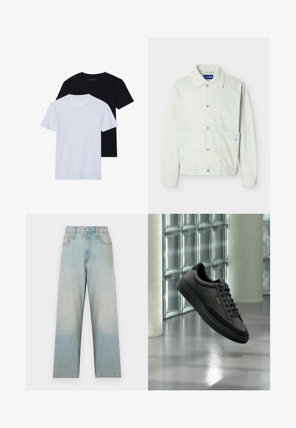 Lysegrøn denimjakke med krave, knaplukning foran, to brystlommer og et lille mærke med logo på den højre lomme.; To kortærmede t-shirts med rund hals, en sort og en hvid, lavet af blødt bomuldsstof med ribbet struktur. Klassisk pasform design.; Lyseblå jeans med høj talje og lige ben, med forlommer, bæltestropper og knappelukning.; Sort lavtop sneakers i læder med sorte snørebånd og guld "BOSS" logo, vist i luften mod en glasblokvæg og gråt gulv.