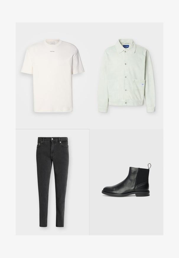 Hellgrüne Denimjacke mit Kragen, vorderer Knopfleiste, zwei Brusttaschen und einem kleinen Markenetikett an der rechten Tasche.; Weißes Baumwoll-T-Shirt mit rundem Ausschnitt, kurzen Ärmeln und gesticktem "Calvin Klein"-Logo in der Mitte der Brust. Schlichtes Design.; Schwarze Slim-Fit-Jeans mit fünf Taschen, Vorderknopf und Reißverschluss, präsentiert vor einem schlichten weißen Hintergrund.; Schwarze Leder-Ankle-Boots mit elastischen Seitenpaneelen, runder Zehenpartie, niedrigem Blockabsatz und einer Zuglasche auf der Rückseite für ein einfaches An- und Ausziehen.