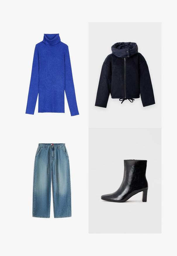 Veste zippée bleu marine avec col haut bouffant, dotée de boutons-pression et d'un ourlet ajustable à cordon, sur fond blanc.; Pull en col roulé côtelé bleu royal réalisé en tissu texturé, avec des manches longues et un col replié, présentant un design ajusté.; Pantalon en denim bleu clair à jambes larges avec plis sur le devant, poches latérales, taille à cordon de serrage et un petit logo Tommy Hilfiger sur la ceinture.; Bottine noire en cuir brillant, avec un bout pointu et un talon carré moyen, présentant une texture lisse et un design simple.