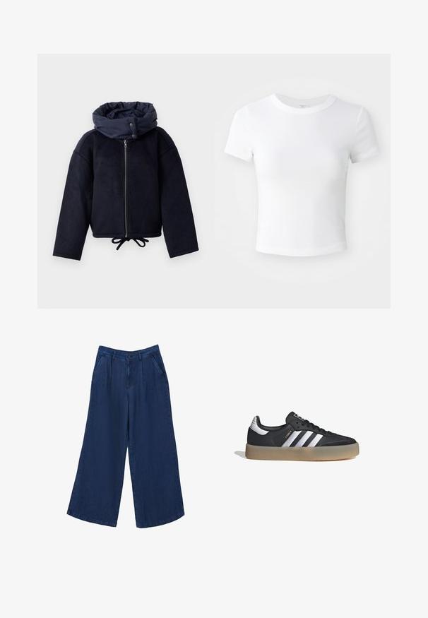 Chaqueta azul marino con cremallera y cuello alto abullonado, que presenta botones a presión y un dobladillo ajustable con cordón, sobre un fondo blanco.; Camiseta corta de manga corta blanca, con cuello redondo, exhibida sobre un fondo neutral claro.; Pantalones vaqueros de pierna ancha en azul oscuro. Presentan dos bolsillos frontales, un cierre de botón y una textura suave con una tela ligera.; Zapatilla deportiva de cuero negro con tres rayas plateadas, punta texturizada y suela de goma. Cuenta con un collar acolchado y un diseño con cordones.