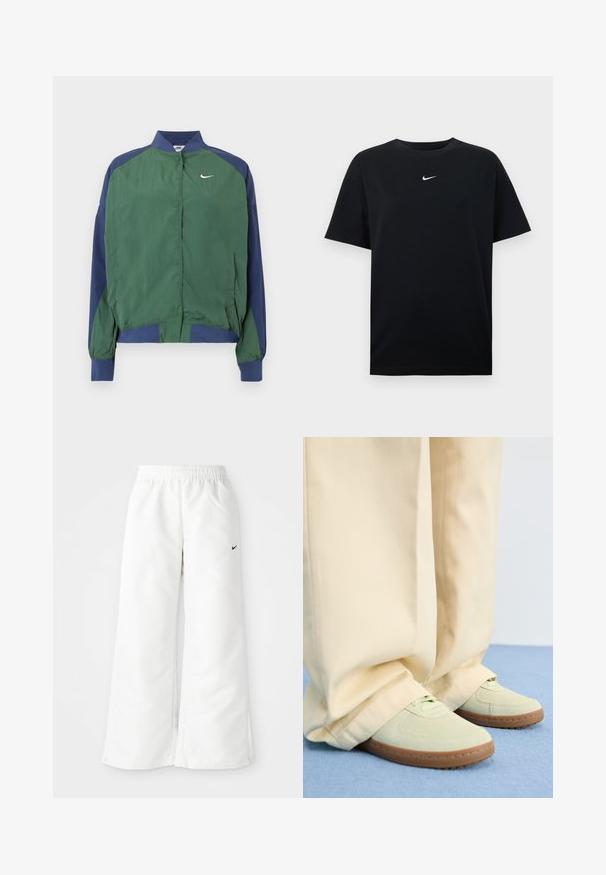 Zelená a námornícka vetrovka s golierovým výstrihom, zapínaním na cvoky a bielym logom Nike Swoosh na prsiach. Ľahká, hladká textúra.; Čierne bavlnené tričko s okrúhlym výstrihom a krátkymi rukávmi. Na hrudi je uprostred malá biela logo Nike. Hladká textúra.; Biele športové nohavice so širokým strihom, elastickým pásom a malým čiernym logom Nike na ľavej strane. Hladký, ľahký materiál.; Zelené semišové tenisky s okrúlymi špičkami a textúrovanými podrážkami, v kombinácii so širokými béžovými nohavicami, na modrom povrchu.