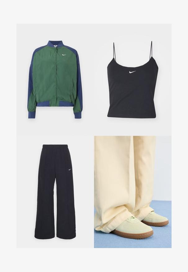 Chaqueta cortavientos verde y azul marino con cuello de solapa, cierre de broches y logo blanco de Nike en forma de swoosh en el pecho. Ligera, con textura suave.; Top negro sin mangas con escote redondeado, tirantes finos y un logo de Nike blanco centrado. Hecho de un tejido suave, con un diseño ajustado.; Pantalones de pierna ancha negros con una cintura elástica y un pequeño logo blanco de Nike. La tela tiene una textura suave, diseñada para la comodidad y el uso casual.; Zapatillas de ante verde con puntas redondeadas y suelas texturizadas, combinadas con pantalones anchos beige, sobre una superficie azul.
