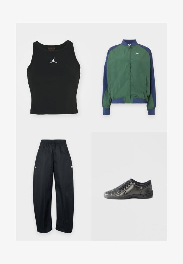 Veste coupe-vent verte et bleu marine avec un col, une fermeture à pression et un logo Nike swoosh blanc sur la poitrine. Légère, texture lisse.; Débardeur noir ajusté en coton, avec un col rond et un logo Jordan blanc brodé au centre de l'avant. Texture lisse.; Pantalon de sport ample noir en matière légère. Comprend une taille élastique, un cordon de serrage ajustable et des accents de logo.; Baskets Nike basses noires avec des lacets, des détails cousus et une semelle texturée sur un fond blanc uni.