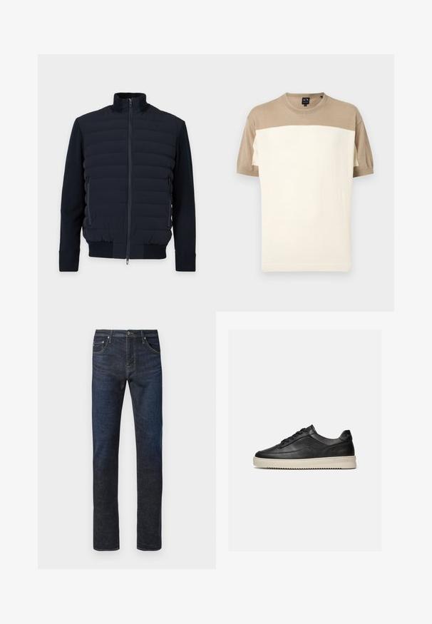 Marineblaue gesteppte Jacke mit durchgehendem Frontreißverschluss, hohem Kragen, langen Ärmeln, seitlichen Reißverschlusstaschen und gerippten Bündchen und Saum.; Kurzärmeliger Pullover mit rundem Ausschnitt, beige Oberteil und Ärmel sowie einem breiten, cremefarbenen unteren Teil, vor einfachem Hintergrund dargestellt.; Dunkelblaue gerade geschnittene Denim-Jeans mit vorderem Knopf, sichtbaren Nähten und einem Fünf-Taschen-Design auf weißem Hintergrund.; Schwarzer flacher Ledersneaker mit schwarzen Schnürsenkeln und einer dicken, off-white Gummisohle, dargestellt vor weißem Hintergrund.