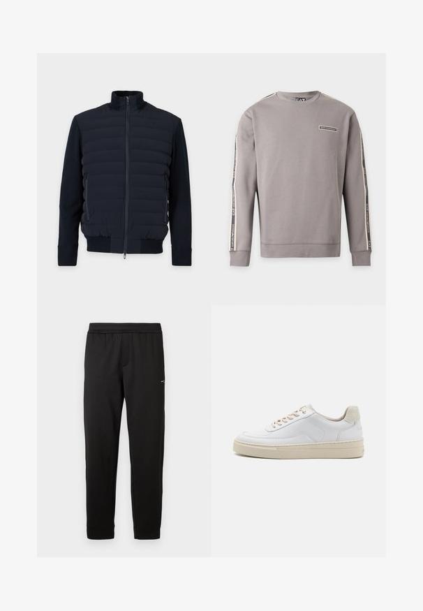Marineblauwe doorgestikte jas met volledige ritssluiting aan de voorkant, hoge kraag, lange mouwen, ritssluiting zijzakken en geribbelde boorden en zoom.; Grijze sweater met lange mouwen en EA7 Emporio Armani-logo op de borst en merkstrepen langs beide mouwen.; Zwarte sportbroek gemaakt van zacht materiaal. Elastische tailleband en boorden. Voorzien van een klein logo aan de zijkant. Rechte pijp.; Witte sneaker met een gevoerd leren bovenwerk, beige veters en een gestructureerde beige suede hieltab. Verhoogde zool voor extra hoogte.