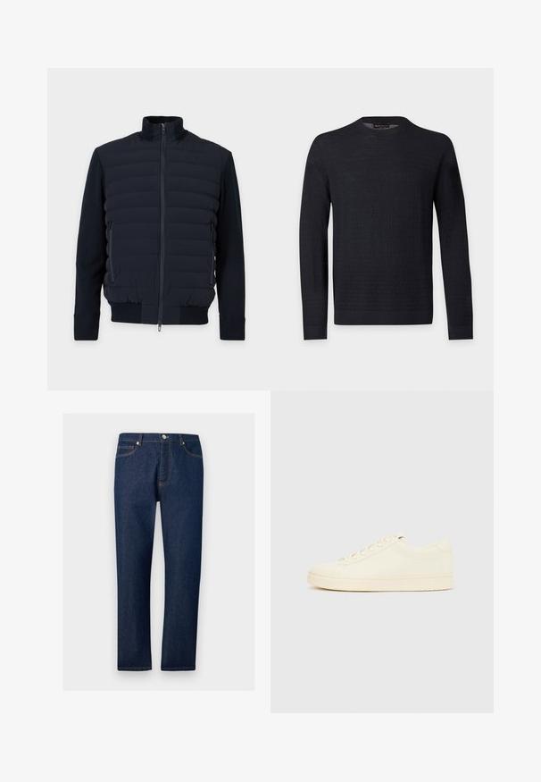 Veste matelassée bleu marine avec fermeture éclair frontale intégrale, col montant, manches longues, poches latérales zippées et poignets et ourlet côtelés.; Pull noir à manches longues avec col rond, motif texturé subtil, poignets et ourlet côtelés, présenté sur un fond uni gris clair.; Jean droit en denim bleu foncé avec poches avant et arrière, passants pour ceinture et fermeture par bouton à la taille.; Baskets couleur crème avec une tige en cuir lisse, bout arrondi, laçage à l'avant et semelle en caoutchouc texturée. Design minimaliste, sans logo.