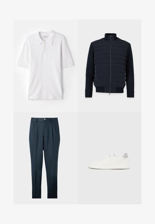 Marineblaue gesteppte Jacke mit durchgehendem Frontreißverschluss, hohem Kragen, langen Ärmeln, seitlichen Reißverschlusstaschen und gerippten Bündchen und Saum.; Weißes Poloshirt aus strukturiertem Rippstoff, mit einem Kragen und drei kleinen Knöpfen auf der Vorderseite. Kurze Ärmel und gerader Saum.; Dunkelblaue Maßhose mit Bundfalten, Gürtelschlaufen und Knopfverschluss an der Taille, auf hellem Hintergrund präsentiert.; Weißer Sneaker mit niedrigem Schaft, grauem Fersenlaschen, weißen Schnürsenkeln und einer strukturierten Sohle, dargestellt vor einem schlichten hellen Hintergrund.