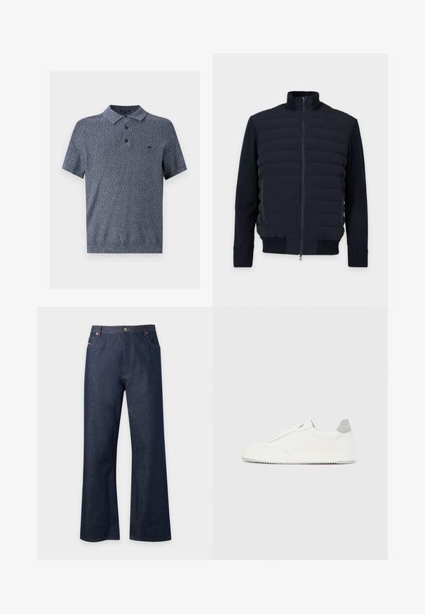 Veste matelassée bleu marine avec fermeture éclair frontale intégrale, col montant, manches longues, poches latérales zippées et poignets et ourlet côtelés.; Polo homme à manches courtes avec un motif bleu texturé, trois boutons et un petit logo brodé sur la poitrine gauche.; Jean en denim bleu foncé avec coupe droite, bouton et fermeture éclair à l'avant, poches à l'avant et à l'arrière sur un fond uni.; Baskets basses blanches avec un onglet de talon gris, des lacets blancs et une semelle texturée, présentées sur un fond uni clair.