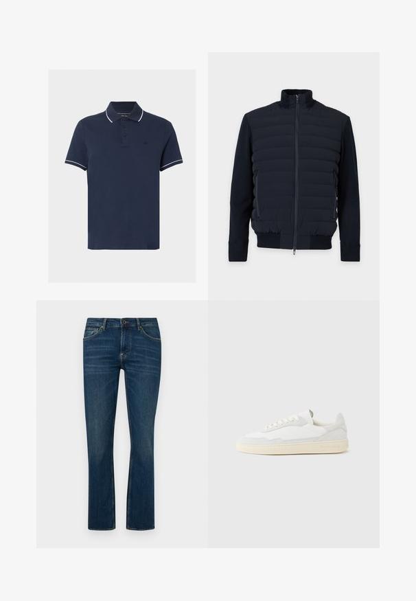 Veste matelassée bleu marine avec fermeture éclair frontale intégrale, col montant, manches longues, poches latérales zippées et poignets et ourlet côtelés.; Polo bleu marine à manches courtes avec bordure blanche sur le col et les bords des manches, patte de boutonnage à trois boutons et logo discret sur la poitrine.; Jean en denim bleu foncé à jambes droites avec poches avant, passants pour ceinture, fermeture à bouton et légère décoloration sur les cuisses et les genoux.; Baskets blanches avec dessus en daim et cuir texturé. Caractérisées par un bout arrondi, une fermeture à lacets et une semelle en caoutchouc beige contrastante.