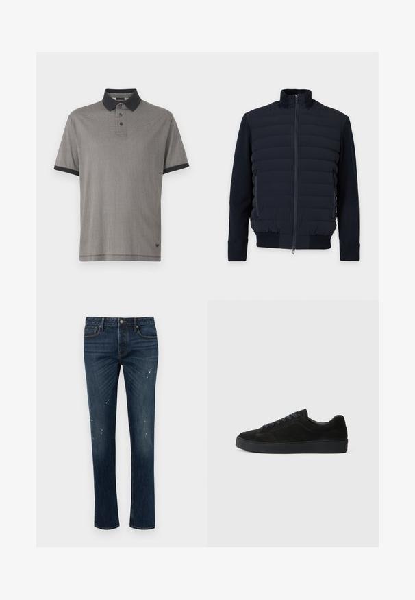 Veste matelassée bleu marine avec fermeture éclair frontale intégrale, col montant, manches longues, poches latérales zippées et poignets et ourlet côtelés.; Polo à manches courtes en motif écossais noir et gris, avec un col noir et une patte de boutonnage à trois boutons. Tissu doux avec une texture lisse.; Jean slim bleu foncé avec légère décoloration et petites éclaboussures de peinture blanche, doté de cinq poches et d'une fermeture par bouton.; Basket en suède noire avec une semelle plate et texturée, un bout rond, six œillets pour les lacets et un design minimaliste.