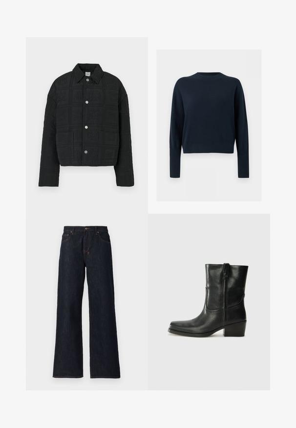 Sort quiltet jakke med en cropped design, dobbel brystlomme og dekorative præget mønstre, med sølvfarvede trykknaplukninger.; Mørk marineblå rundhalset sweater med lange ærmer og ribstrikkede manchetter og kant, vist på en ensartet lys baggrund.; Mørkeblå vidde jeans lavet af denim, med orange syninger, to frontlommer og en knaplukning i taljen.; Sort læder ankelstøvle med rundt tå, blokhæl, lynlås i siden og stikninger på vampsiden. Glat tekstur, klassisk design.