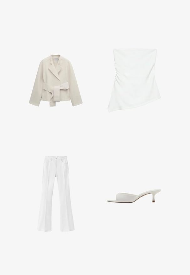 Blazer pour femmes couleur crème avec larges revers, manches longues et ceinture assortie en tissu nouée à la taille, présenté à plat sur un fond blanc.; Haut blanc asymétrique sans bretelles avec un léger détail froncé sur un côté, style ajusté, design épuré et minimaliste.; Jean blanc évasé à taille haute avec bouton frontal, passants pour ceinture et design à cinq poches sur fond uni.; Mule ouverte blanche à bout ouvert avec un petit talon kitten bas et une tige en cuir lisse, montrée de profil sur un fond blanc.