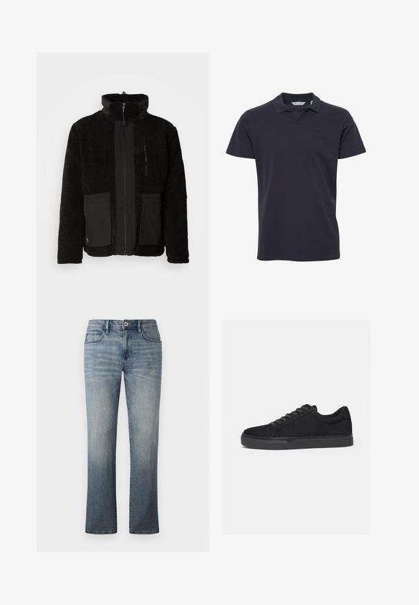 Sort fleecejakke med høj krave, frontlynlås og to store påsyede lommer. Har glatte tekstilaccenter på lynlåsen og lommerne.; Mørkeblå poloshirt lavet af bomuld, med klassisk krave, korte ærmer og et diskret logo på brystet. Glat tekstur.; Lysvasket denimbukser med lige ben, fem-lomme stil, metalknaplukning og subtile falmede detaljer.; Sort lavtop sneaker med snørelukning foran og flad gummisål, vist fra siden på en hvid baggrund.