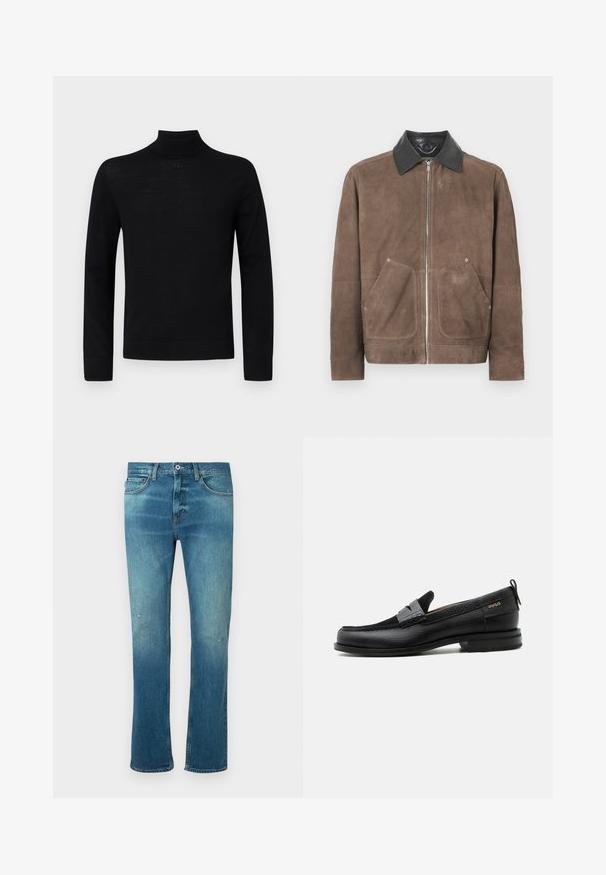 Brun ruskindjakke med en sort læderkrave, lynlås foran og to store lommeposer; blød tekstur og afslappet design.; Sort højhalset sweater lavet af blødt stof, med lange ærmer og en tætsiddende silhuet med en lille rund accentdetalje ved halsen.; Blå denimjeans med lige skæring, der har en falmet finish, let slid på knæene og klassisk fem-lomme design.; Sort læderloafer med grå remdetalje, lav hæl og tekstureret sål, mærket med "HUGO" i guld på siden.