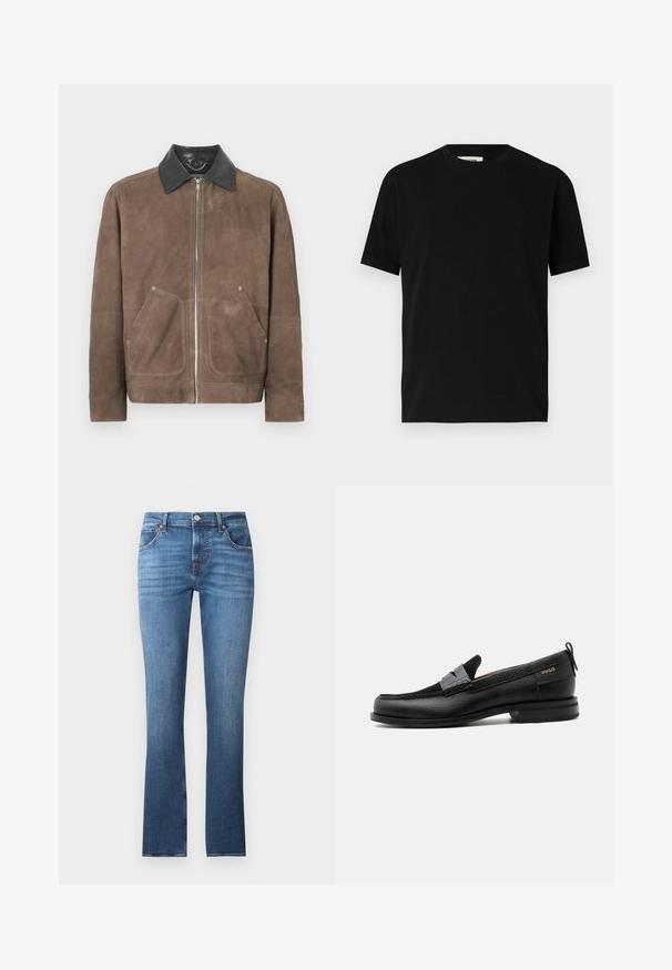 Brun ruskindjakke med en sort læderkrave, lynlås foran og to store lommeposer; blød tekstur og afslappet design.; Sort kortærmet t-shirt lavet af bomuld med rund halsudskæring og løs pasform. Glat tekstur, ingen mønstre eller synlige logoer.; Blå denimjeans med lige ben design, prydet med let falmning, fem lommer og metalbeslag. Taljen inkluderer bæltesløjfer.; Sort læderloafer med grå remdetalje, lav hæl og tekstureret sål, mærket med "HUGO" i guld på siden.