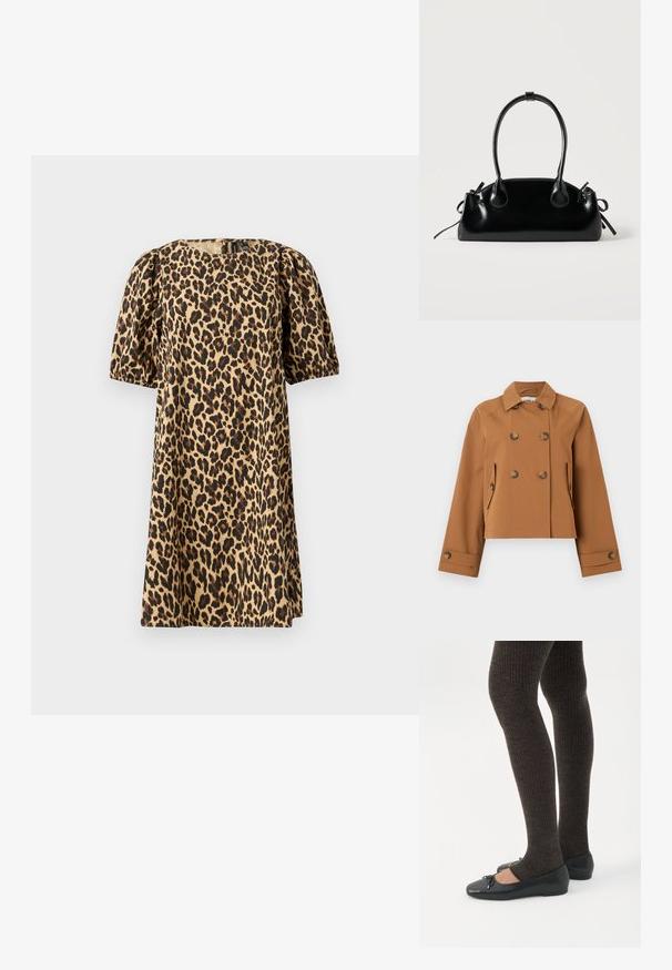 Chaqueta marrón corta de doble botonadura con cuello amplio, dos bolsillos con solapa y botón, y detalles de botones en los puños, exhibida sobre fondo blanco.; Vestido de estampado leopardo fabricado en tejido suave. Presenta un cuello redondo, mangas cortas abullonadas y una silueta en A. Los colores incluyen marrón claro y negro.; Piernas con leggings oscuros acanalados combinados con bailarinas negras que presentan pequeños detalles de lazo sobre un fondo blanco.; Pequeño bolso negro brillante con dos asas largas y detalles de cordón lateral sobre un fondo claro liso.